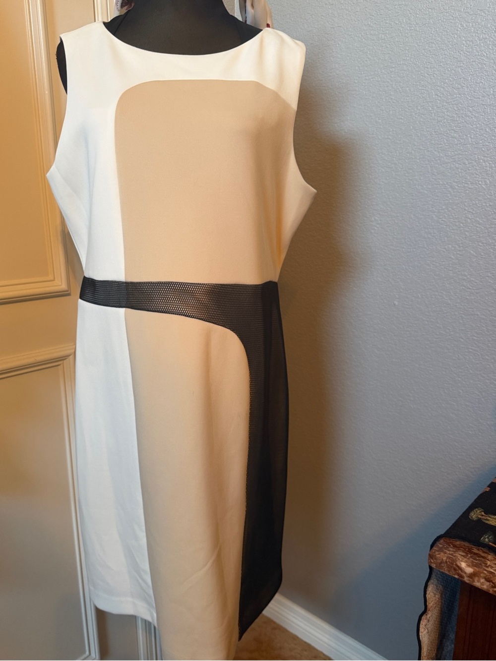 DKNY Sleeveless Colorblock Midi Dress in Ivory, Beige & Black